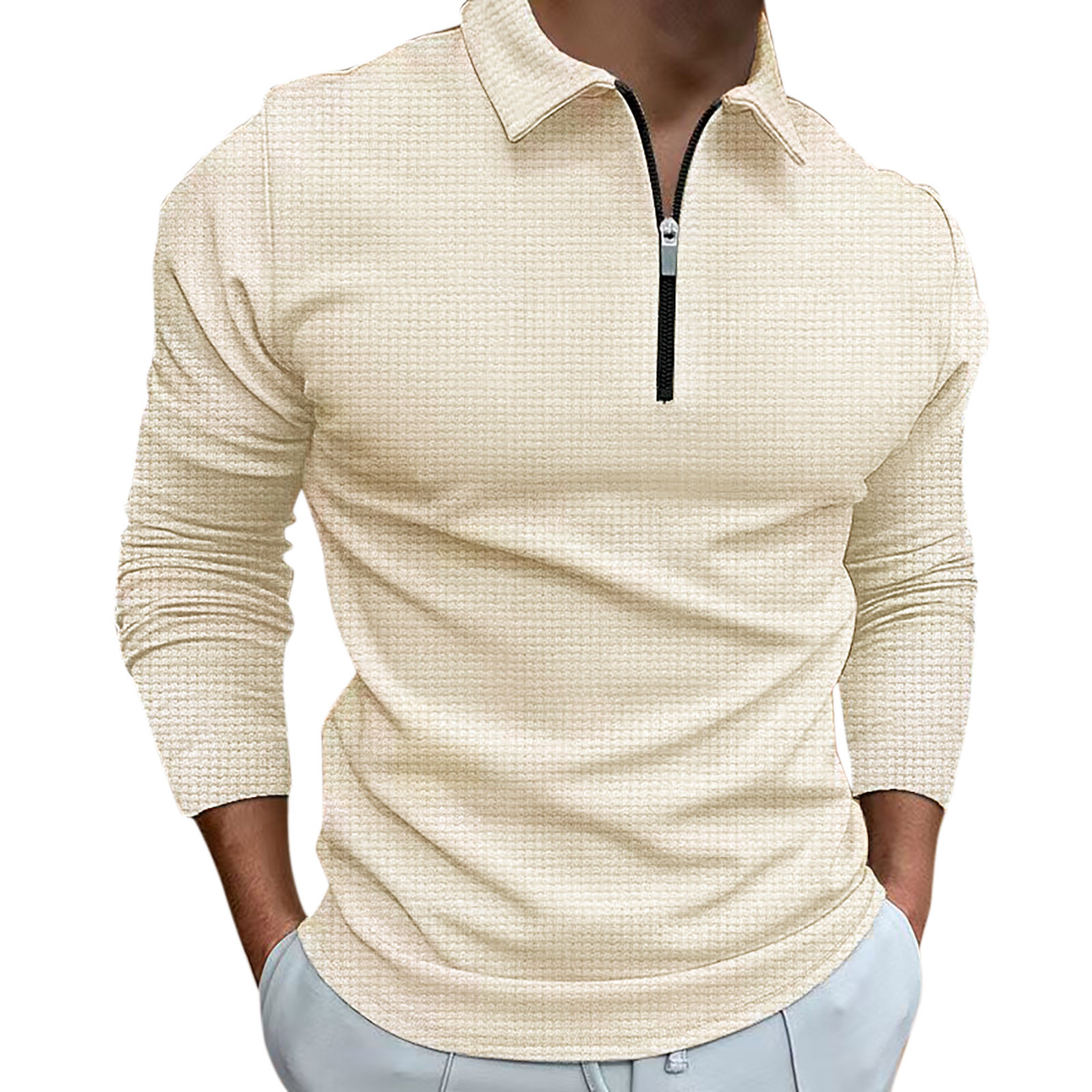 thumbnail image 1 of Camisa informal de manga larga para hombre: cuello vuelto, detalle de cremallera, color liso, poliéster, oficina/ocio, tallas 10-20 (EE. UU.), 1 of 7